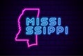 Mississippi US state glowing neon lamp sign Realistic vector illustration Blue brick wall glow Royalty Free Stock Photo