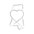 Mississippi US state hand drawn pencil sketch outline map with the handwritten heart shape. Vector illustration Royalty Free Stock Photo