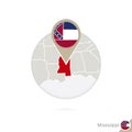 Mississippi US State map and flag in circle. Map of Mississippi, Mississippi flag pin. Map of Mississippi in the style of the Royalty Free Stock Photo