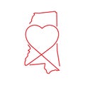 Mississippi US state red outline map with the handwritten heart shape. Vector illustration Royalty Free Stock Photo