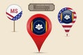 Mississippi US state round flag. Map pin, red map marker, location pointer. Hanging wood sign. Vector illustration Royalty Free Stock Photo