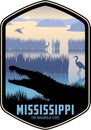 Mississippi vector label with crocodile alligator and wetland river