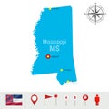 Mississippi Vector Map Isolated on White Background. Detailed Silhouette of Mississippi. Official Flag of Mississippi Royalty Free Stock Photo