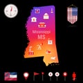 Mississippi Vector Map, Night View. Compass Icon, Map Navigation Elements. Pennant Flag of the USA. Industries Icons Royalty Free Stock Photo