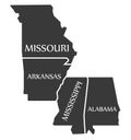 Missouri - Arkansas - Mississippi - Alabama Map labelled black