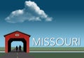 Missouri is featured in this rural themed poster. A red covered bridge, blue sky, a stream and flat grassland are the background