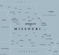 Missouri, MO, gray political map, US state, Show Me State