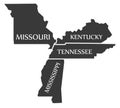 Missouri - Kentucky - Tennessee - Mississippi Map labelled black