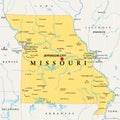 Missouri, MO, political map, US state, nicknamed Show Me State