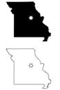 Missouri MO state Map USA with Capital City Star at Jefferson City. Black silhouette and outline isolated on a white background. Royalty Free Stock Photo