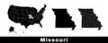 Missouri state map, USA. Set of Missouri maps with outline border, counties and US states map. Black and white color Royalty Free Stock Photo