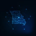 Missouri state USA map glowing silhouette made of stars lines dots triangles, low polygonal shapes