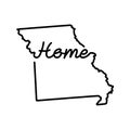 Missouri US state outline map with the handwritten HOME word. Continuous line drawing of patriotic home sign