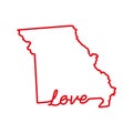 Missouri US state red outline map with the handwritten LOVE word. Vector illustration Royalty Free Stock Photo