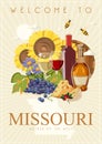 Missouri is a US state. Wine and grape. Tourist postcard and souvenir. Beautiful places of the United States of America on poste