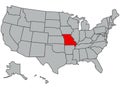 Missouri vector illustration in gray color. United States of America map. Highlighted in red territory of the US. Contours of the