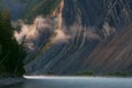 The mist along the rocky shores of the river.