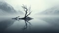 Mist-covered Lake: A Post-apocalyptic Tree In Gravity-defying Norwegian Nature Royalty Free Stock Photo