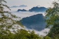 Mist covering the landscape around Mt Zwegabin near Hpa An, Myanm