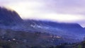 The fog covered the mountain and there was a pig house below. Royalty Free Stock Photo