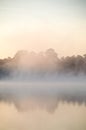 A mist obscures the forest at the edge of the lake. Royalty Free Stock Photo