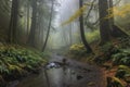 mist-filled forest with towering trees and a babbling stream