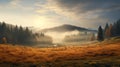 Enchanting Afternoon: A Foggy Mountain Landscape With Golden Hues