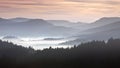 Mist on hills in morning landscape