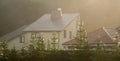 Mist near house in forest