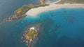 Mist over tropic island at sea bay aerial. Nobody tropical nature landcsape. Green mountains Royalty Free Stock Photo