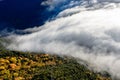 Mist over the valley covering the forest. Royalty Free Stock Photo