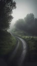 Mist path to unknown place. S-curve way in the forest surreal color