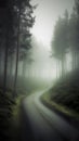 Mist path to unknown place. S-curve way in the forest surreal color