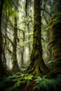 A mist-shrouded ancient forest with towering, moss-covered trees and a carpet of ferns,