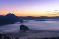 The Mist and Sunrise Time with Maxican SunFlower, Landscape at Phu Langka, Payao Province, Thailand Royalty Free Stock Photo