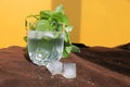 Misted glass of water on a hot Sunny day. juicy Basil, ice and a yellow wall Royalty Free Stock Photo