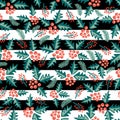 Misteltoes scattered seamless vector pattern on black and white stripes. Royalty Free Stock Photo