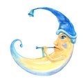 Handdrawn illustration of moon in a hat playing the flute. Crescent with face and hands isolated on white Royalty Free Stock Photo