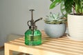 Mister and potted houseplants on wooden table