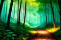 A misterious path through a forest in watercolor style.