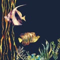 Misterious sea design - luminescent fishes, glowing seaweeds, golden lines. Dark undersea watercolor card. Trendy ocean