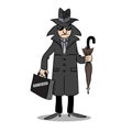 Misterious spy with dark galsses and clothes holding an umbrella and a top secret briefcase Royalty Free Stock Photo