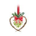 Mistletoe bunch with boxwood and red ribbon ia a vine heart shape watercolor illustration. Traditional christmas wish symbol hand Royalty Free Stock Photo