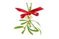 Mistletoe bunch tied with red satin bow isolated on white Royalty Free Stock Photo