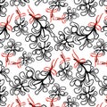 Mistletoe with red bow for kiss Christmas floral seamless pattern