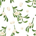 Mistletoe seamless pattern on white background. Vector illustration of green branches, leaves and berries Royalty Free Stock Photo