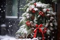 mistletoe on snowy outdoor christmas wreath with pine cones