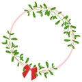 Mistletoe wreath with Red Bow isolated on white. Round vector Botanical Frame, Flat style illustration. Christmas Holiday Royalty Free Stock Photo