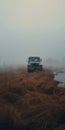 Misty Adventure: Cinematic Still Shot Of An Empty Truck In A Foggy Marsh