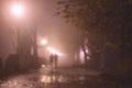 Misty alley in night city park, blurred defocused background with silhouettes Royalty Free Stock Photo
